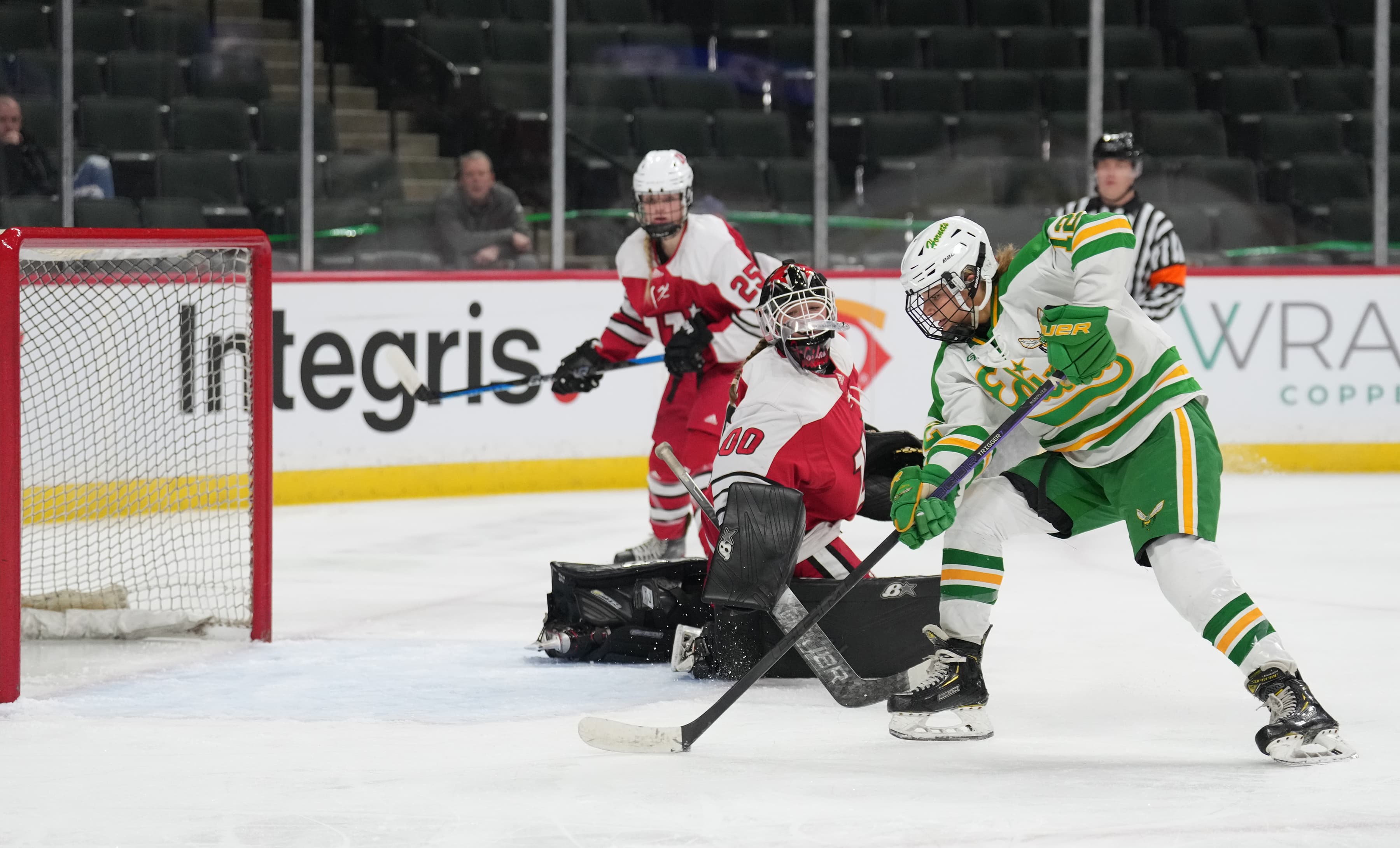 Edina forward Lorelai Nelson saw a wide-open net after getting past the Lakeville North defense and goaltender Kaia Weiland on Thursday. 