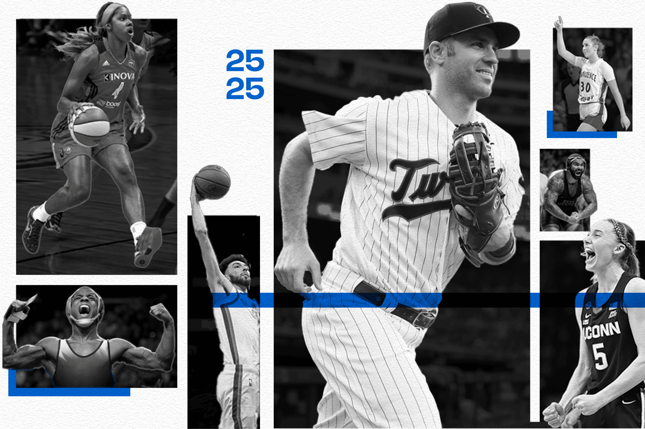 An illustration including cutouts several Minnesotan athletes. The athletes are in black and white and there are highlights of blue throughout the illustration.